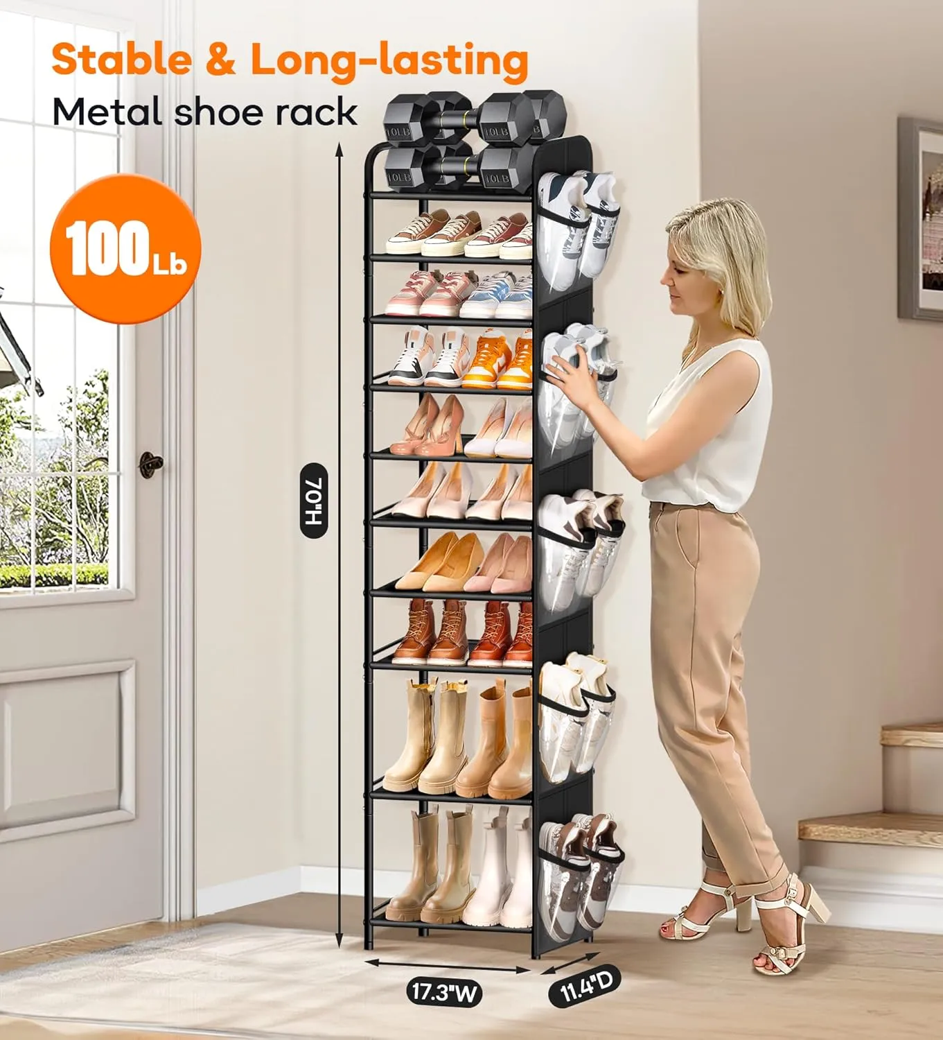 10 Tier Tall Narrow Shoe Rack for Closet, Holds 25 Pairs Boots & Shoe Storage Organizer