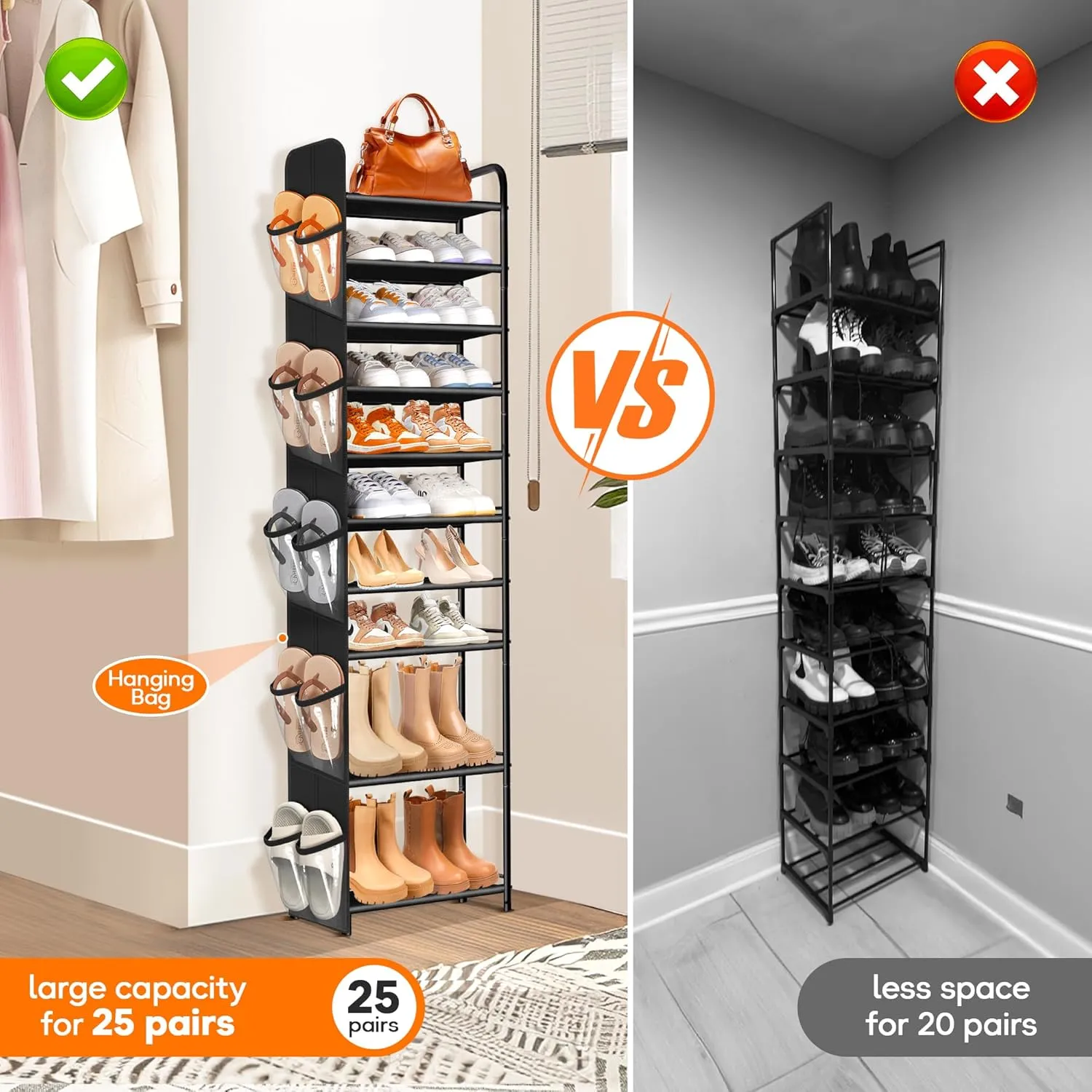 10 Tier Tall Narrow Shoe Rack for Closet, Holds 25 Pairs Boots & Shoe Storage Organizer