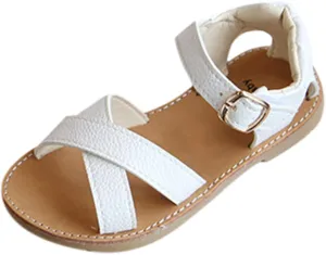 Baby Girls Leather Padded X-Strap Sandals Flat Soft Wide Shoes Toddler Kids Ankle Buckle Pep Toe Summer Sandals Comfy