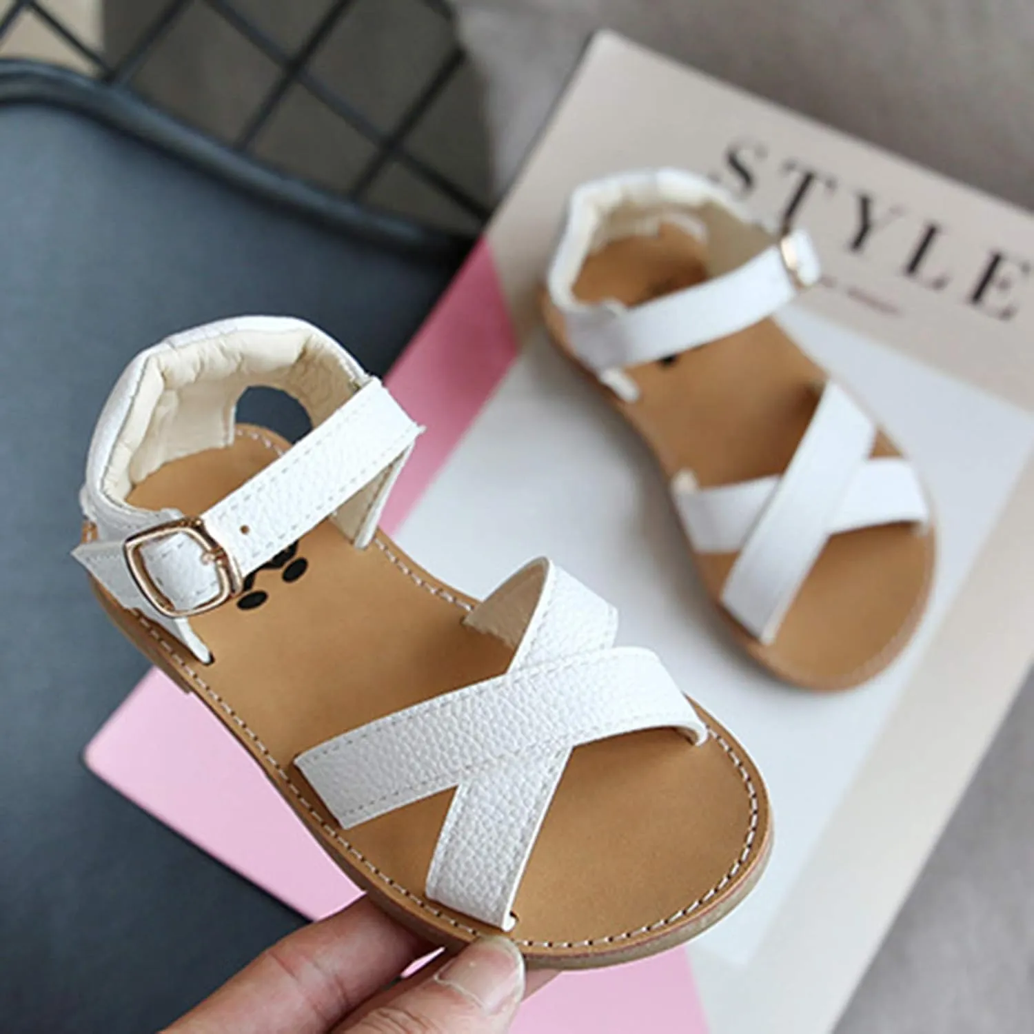 Baby Girls Leather Padded X-Strap Sandals Flat Soft Wide Shoes Toddler Kids Ankle Buckle Pep Toe Summer Sandals Comfy