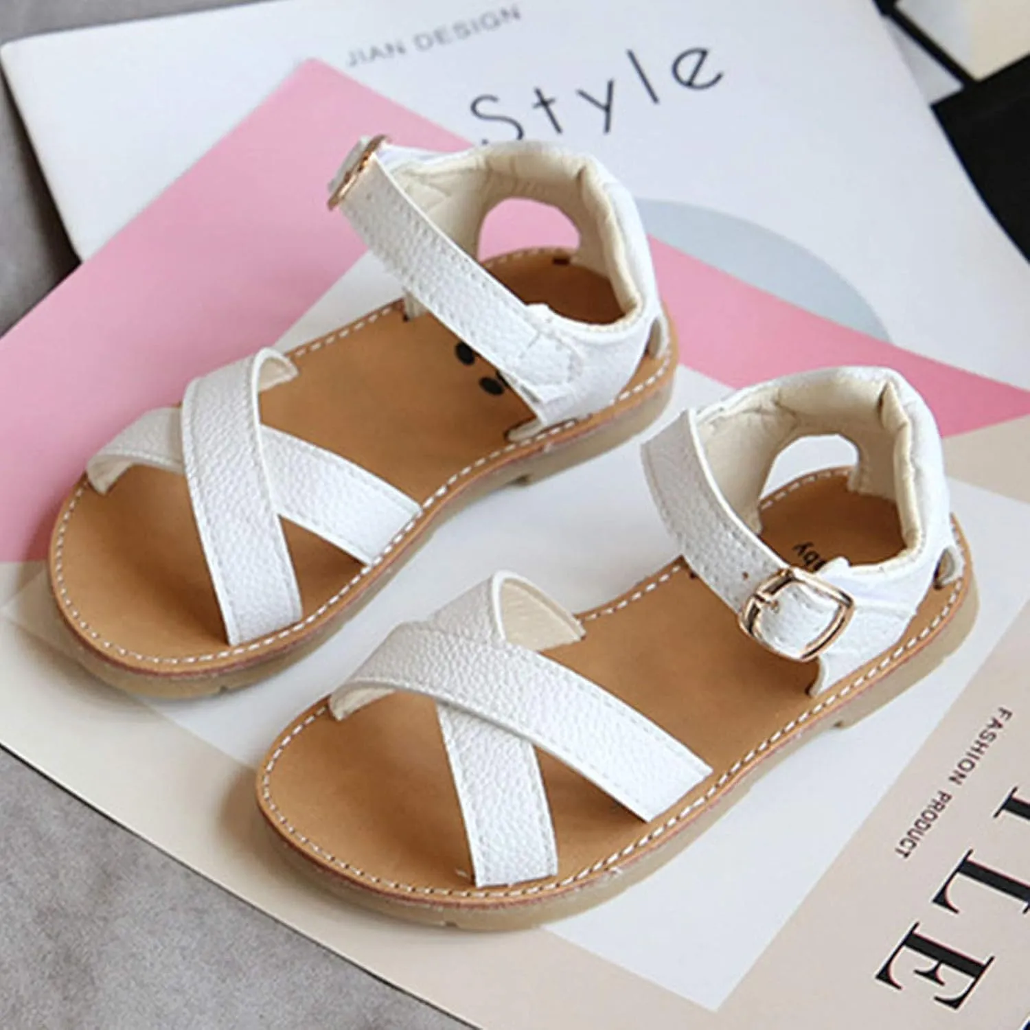Baby Girls Leather Padded X-Strap Sandals Flat Soft Wide Shoes Toddler Kids Ankle Buckle Pep Toe Summer Sandals Comfy