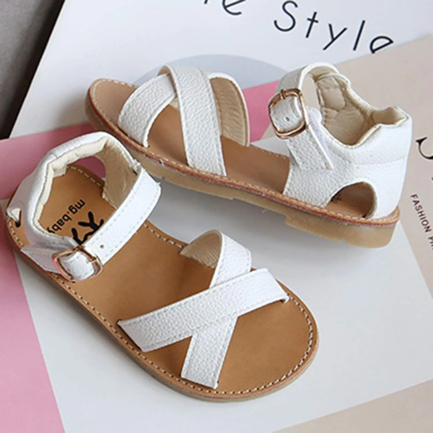 Baby Girls Leather Padded X-Strap Sandals Flat Soft Wide Shoes Toddler Kids Ankle Buckle Pep Toe Summer Sandals Comfy