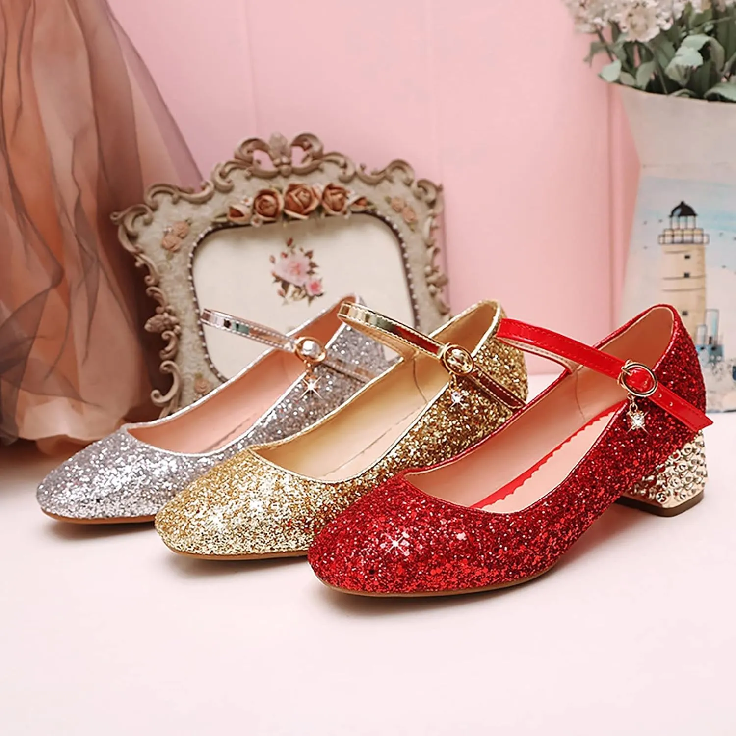 Baby Girls Shoes High Heel Toddler Kids Dress Shoes Sparkle Mary Jane Flower Girls Wedding Birthday Party Prom