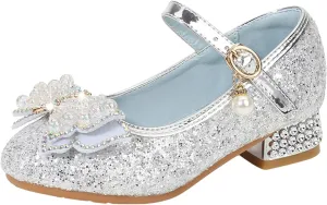 Baby Heels Mary Jane Glitter Shoes Bows Sequin Party Footwear Dress Shoes Flower Girls Shoes for Wedding Party