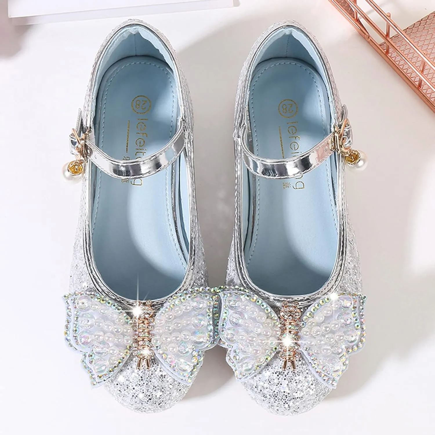 Baby Heels Mary Jane Glitter Shoes Bows Sequin Party Footwear Dress Shoes Flower Girls Shoes for Wedding Party