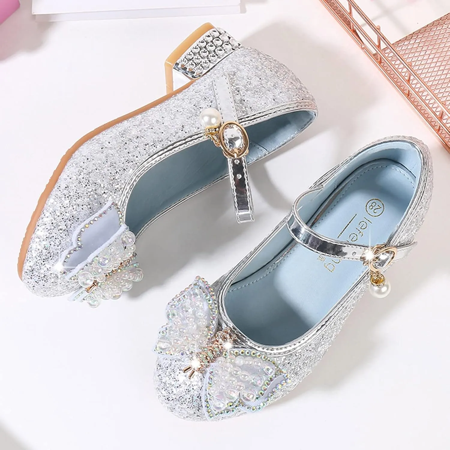 Baby Heels Mary Jane Glitter Shoes Bows Sequin Party Footwear Dress Shoes Flower Girls Shoes for Wedding Party