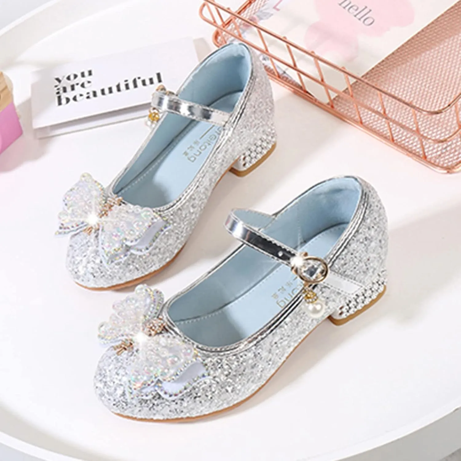 Baby Heels Mary Jane Glitter Shoes Bows Sequin Party Footwear Dress Shoes Flower Girls Shoes for Wedding Party