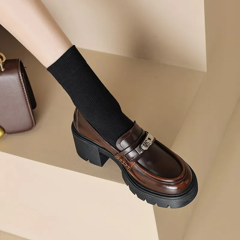 Back to school  Spring women pumps natural leather 22-24.5cm Vintage waxed cowhide   pigskin full leather  loafers women shoes thick heels