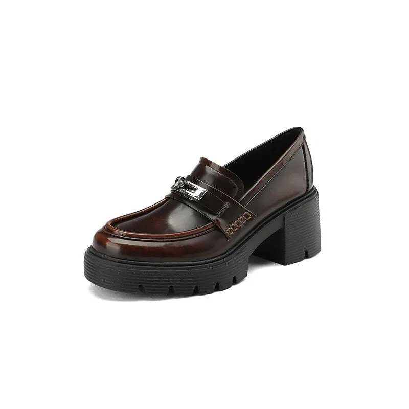 Back to school  Spring women pumps natural leather 22-24.5cm Vintage waxed cowhide   pigskin full leather  loafers women shoes thick heels