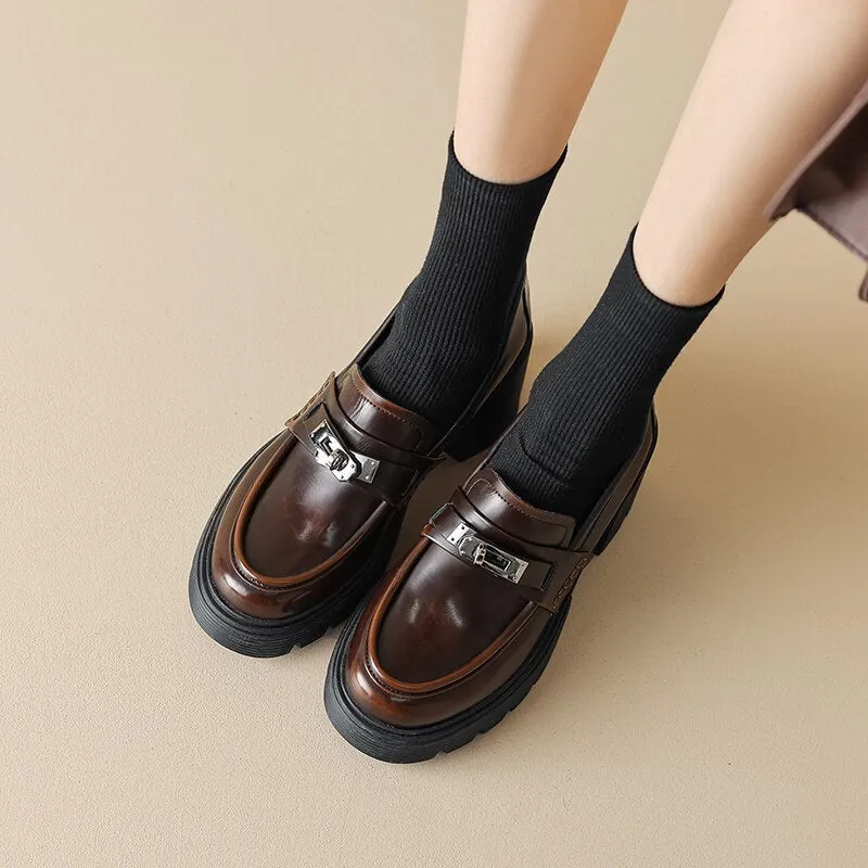 Back to school  Spring women pumps natural leather 22-24.5cm Vintage waxed cowhide   pigskin full leather  loafers women shoes thick heels