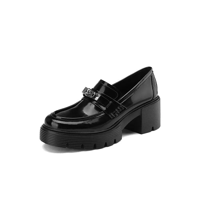 Back to school  Spring women pumps natural leather 22-24.5cm Vintage waxed cowhide   pigskin full leather  loafers women shoes thick heels