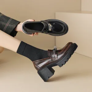 Back to school  Spring women pumps natural leather 22-24.5cm Vintage waxed cowhide   pigskin full leather  loafers women shoes thick heels