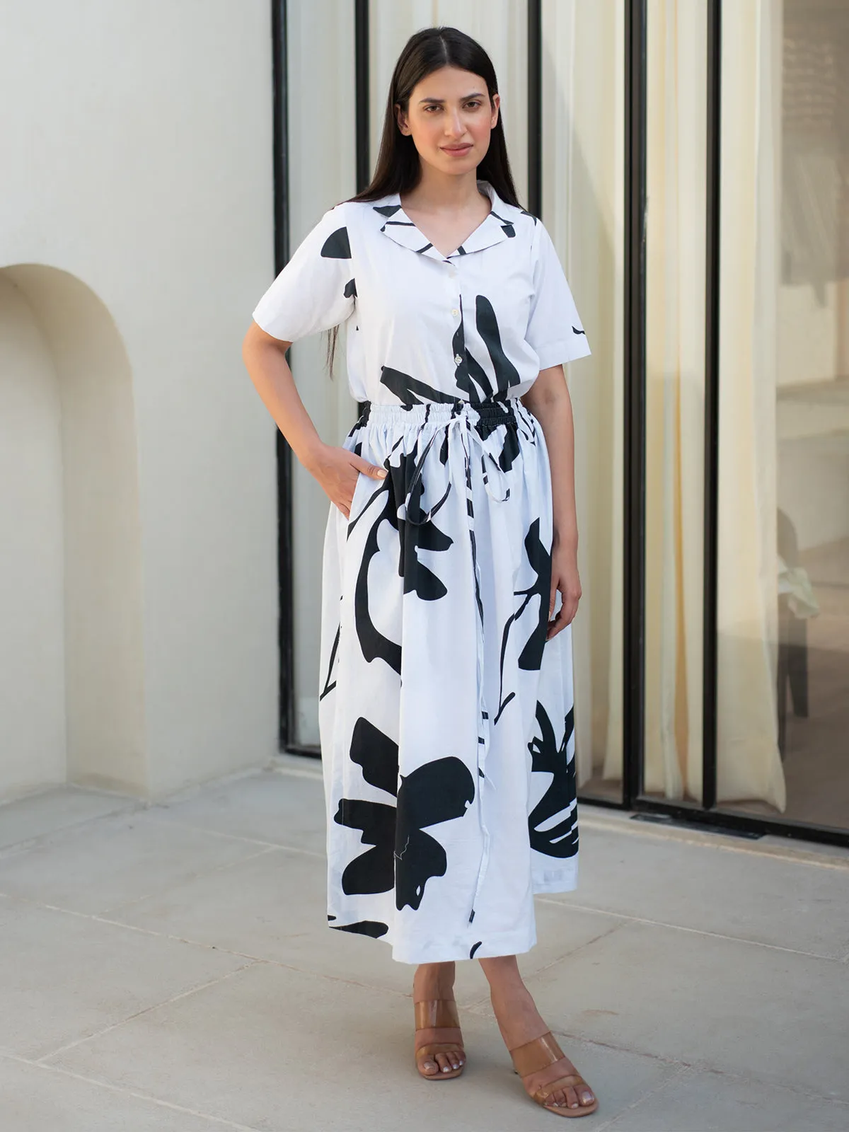 Black and White Print Cuban Collar Shirt with Skirt