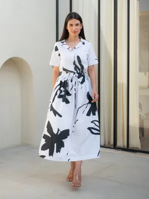 Black and White Print Cuban Collar Shirt with Skirt