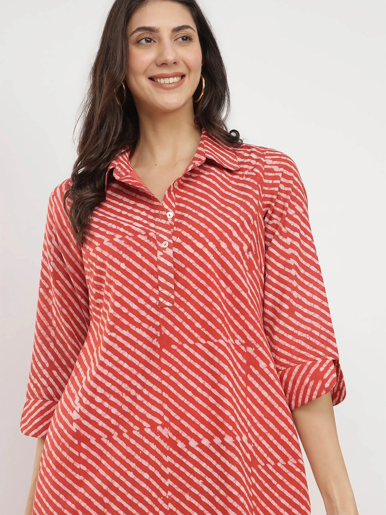 Cotton Dabu Striped Shirt Dress - Rust