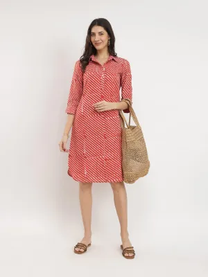 Cotton Dabu Striped Shirt Dress - Rust