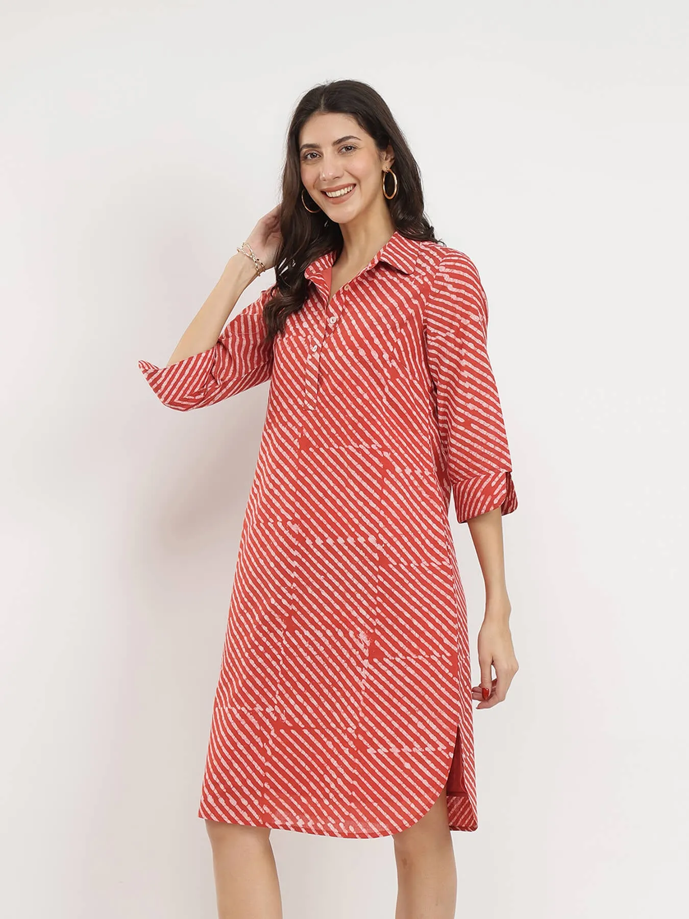 Cotton Dabu Striped Shirt Dress - Rust
