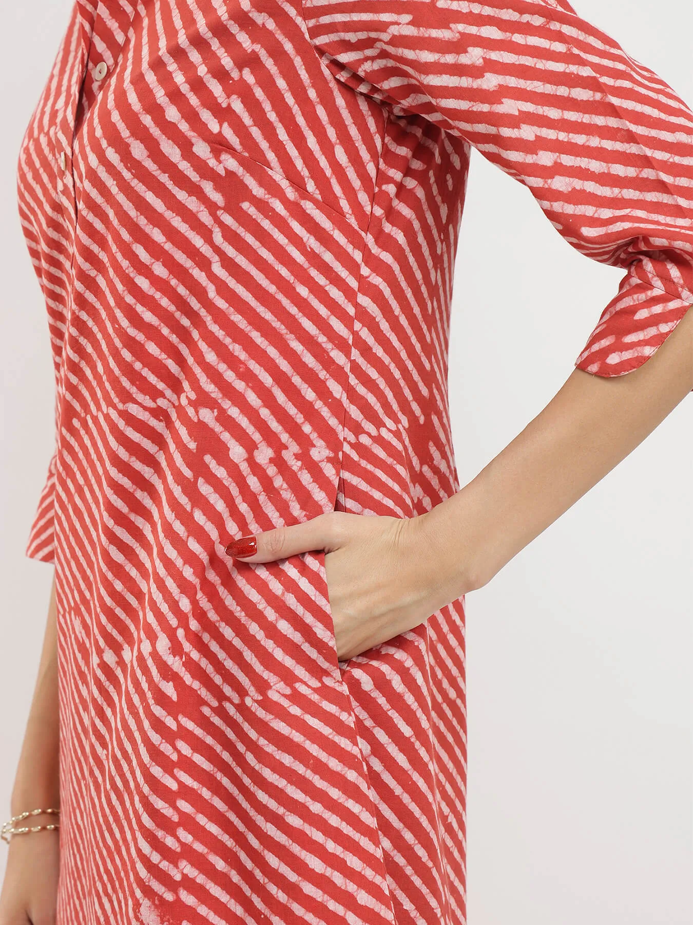Cotton Dabu Striped Shirt Dress - Rust