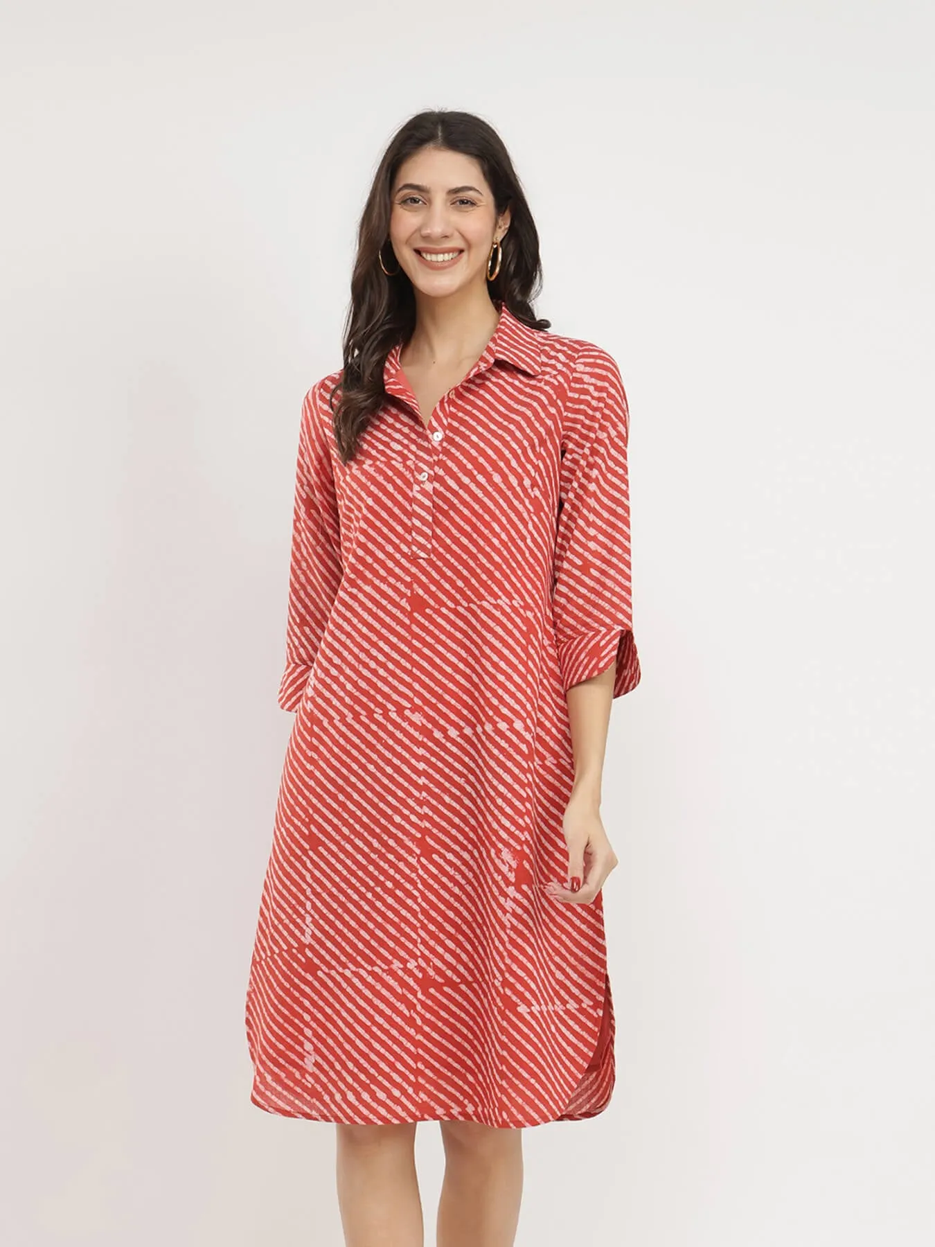 Cotton Dabu Striped Shirt Dress - Rust