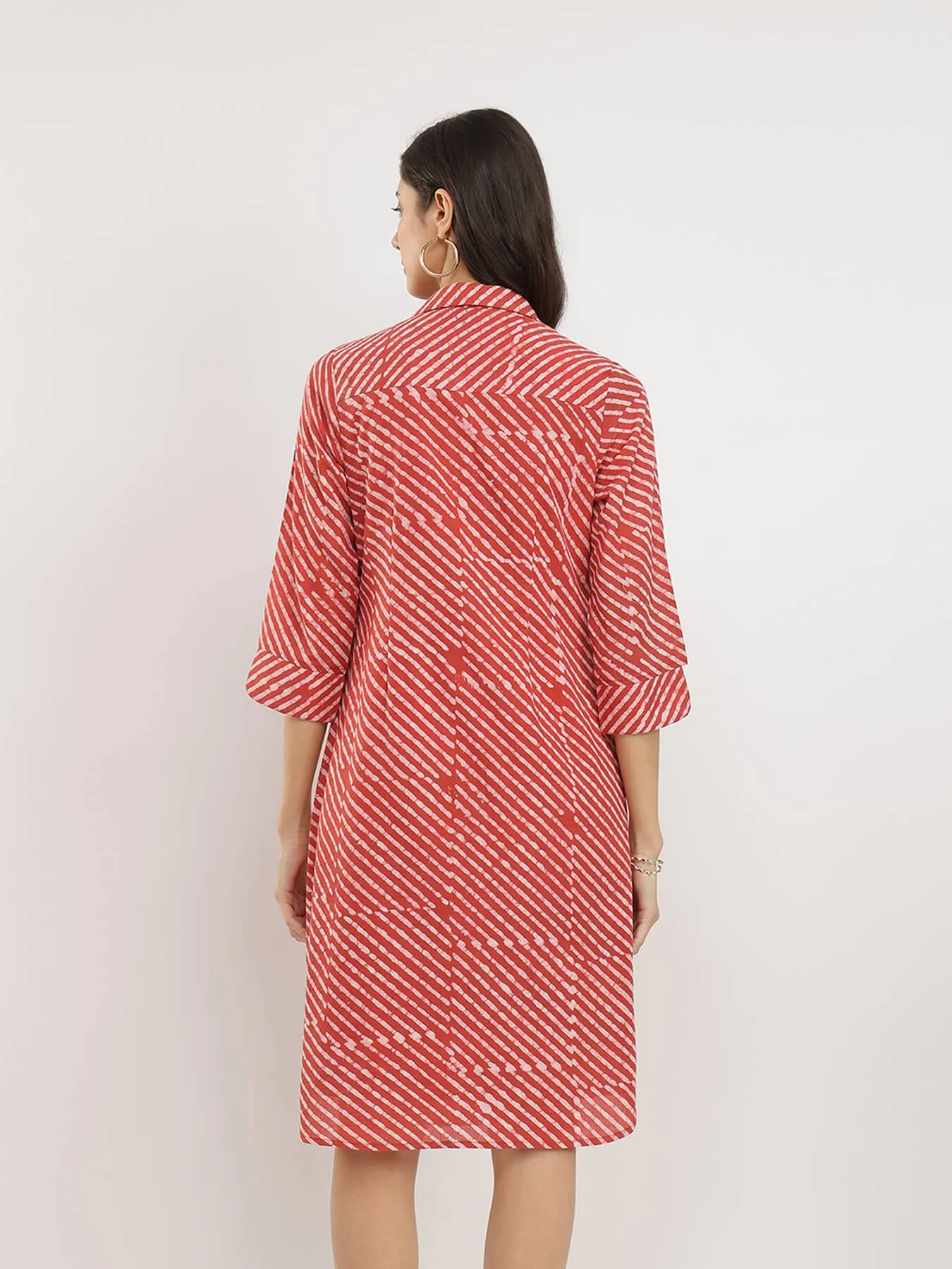 Cotton Dabu Striped Shirt Dress - Rust
