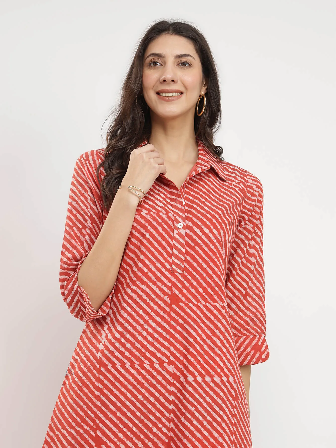 Cotton Dabu Striped Shirt Dress - Rust