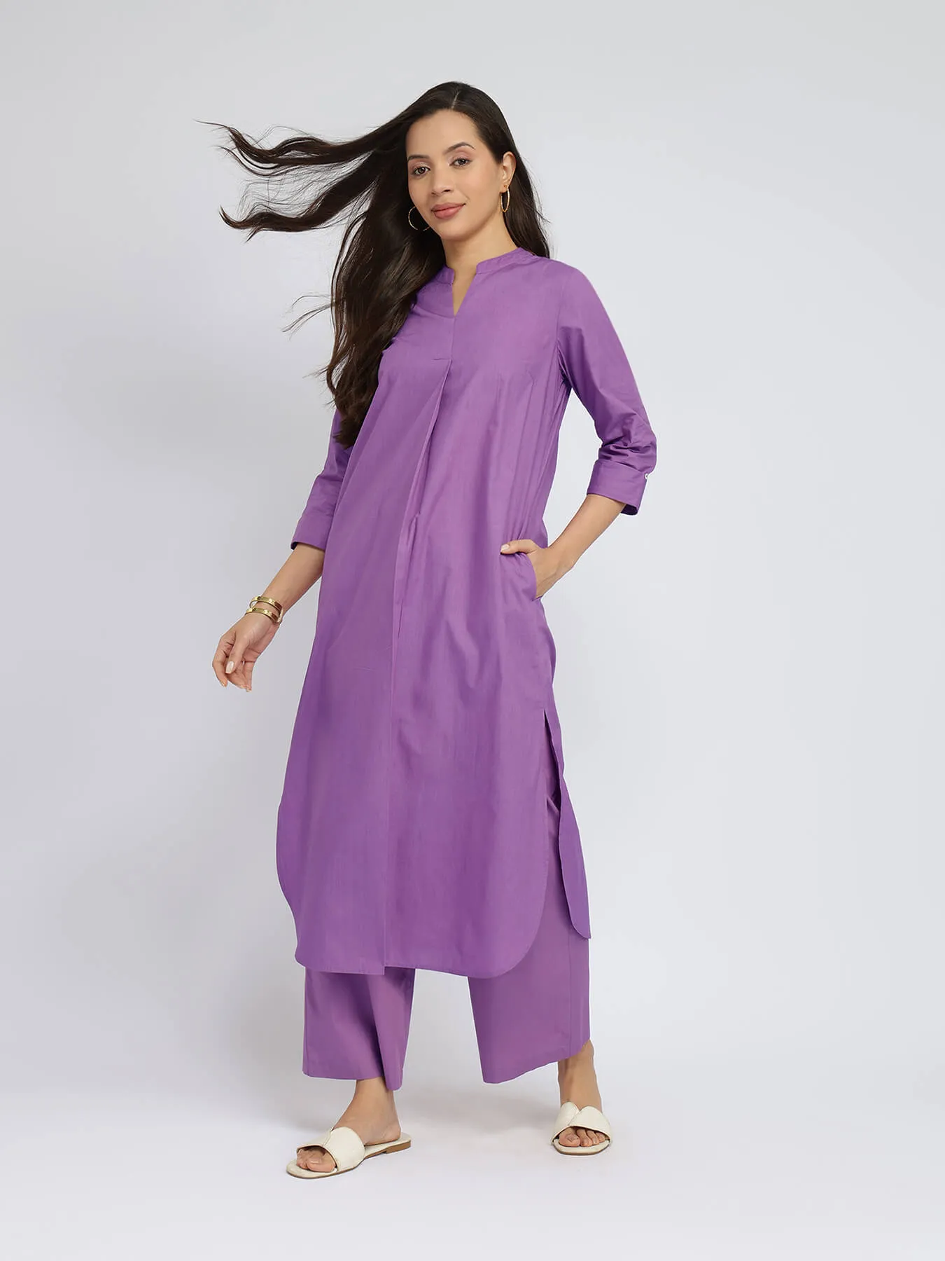 Cotton Solid Band Collar Kurta Set - Purple