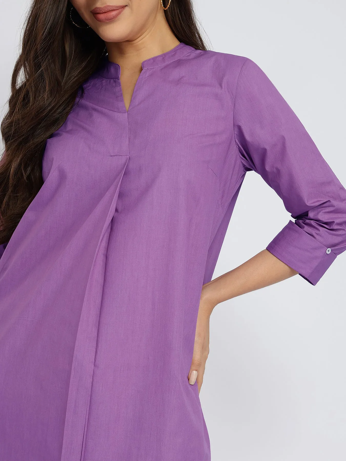 Cotton Solid Band Collar Kurta Set - Purple