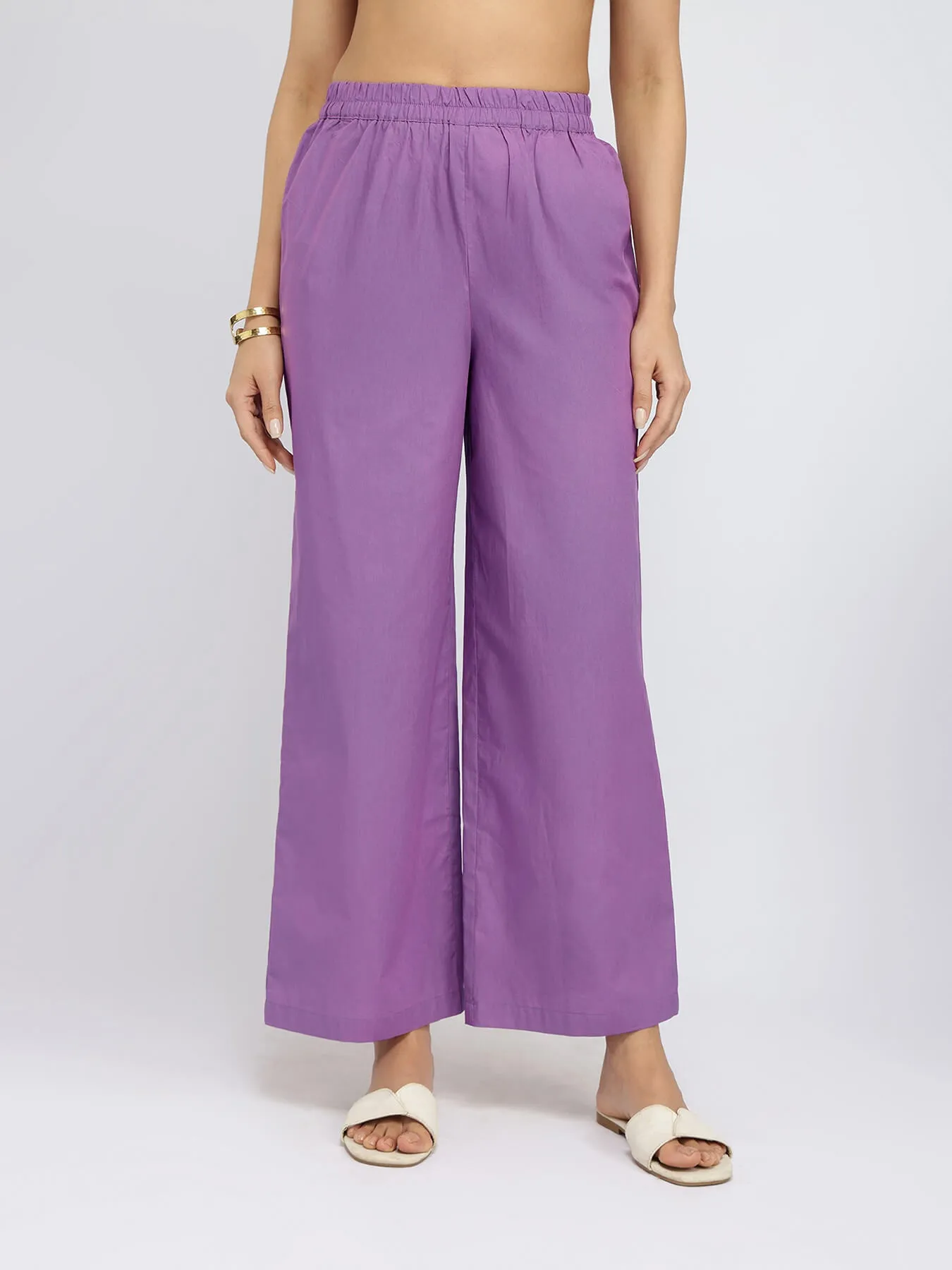 Cotton Solid Band Collar Kurta Set - Purple