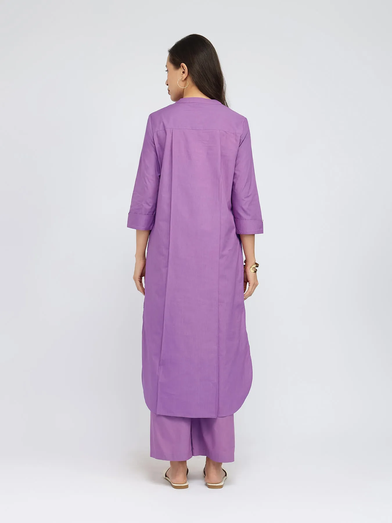 Cotton Solid Band Collar Kurta Set - Purple