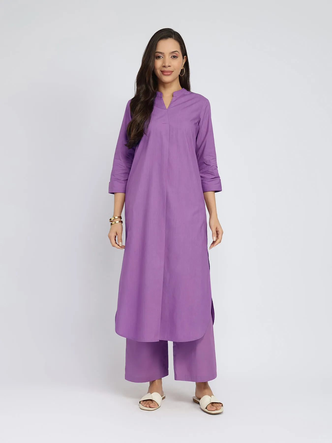 Cotton Solid Band Collar Kurta Set - Purple