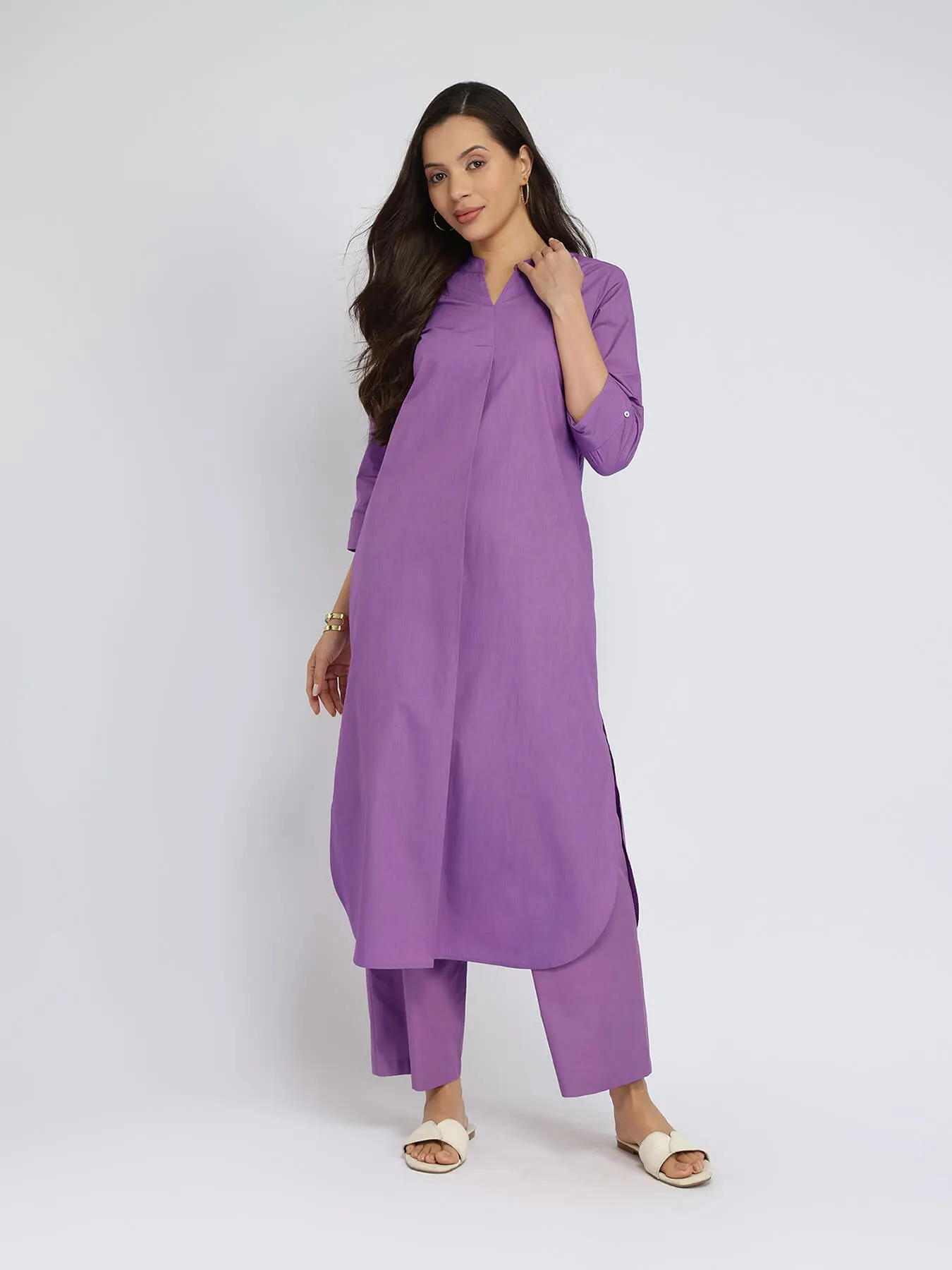 Cotton Solid Band Collar Kurta Set - Purple