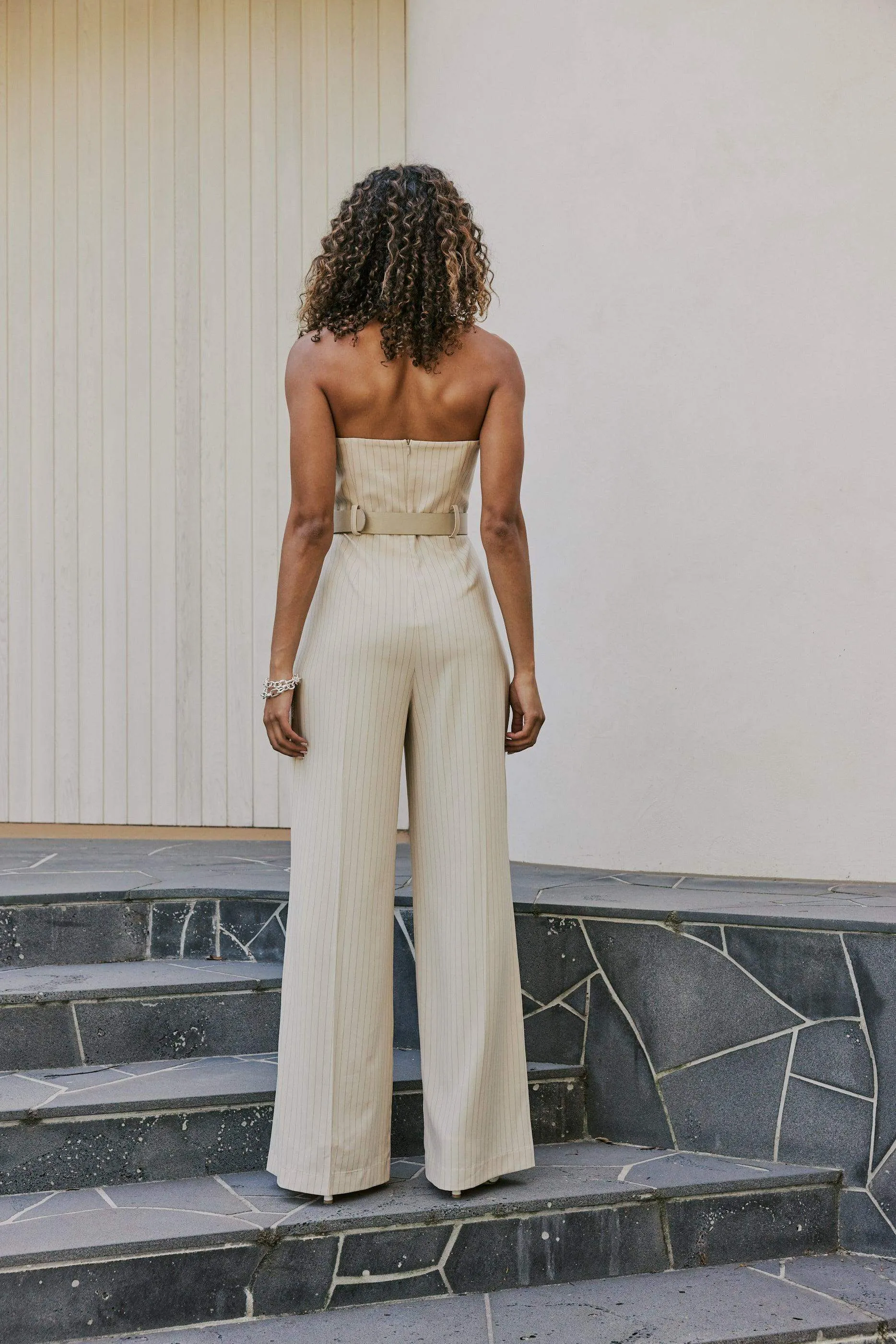 CURAAE Seraphina Tailored Pinstripe Jumpsuit In Beige