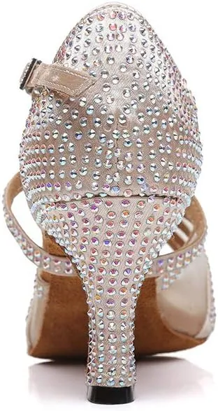 DKZSYIM Women Rhinestone Latin Ballroom Dance Shoes Bachata Salsa Practice Performance Dance Shoes,Model YCL424