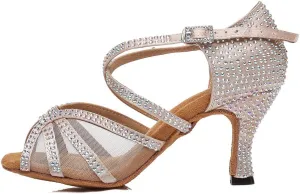 DKZSYIM Women Rhinestone Latin Ballroom Dance Shoes Bachata Salsa Practice Performance Dance Shoes,Model YCL424