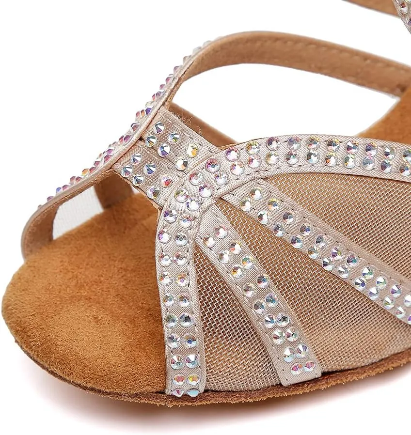 DKZSYIM Women Rhinestone Latin Ballroom Dance Shoes Bachata Salsa Practice Performance Dance Shoes,Model YCL424