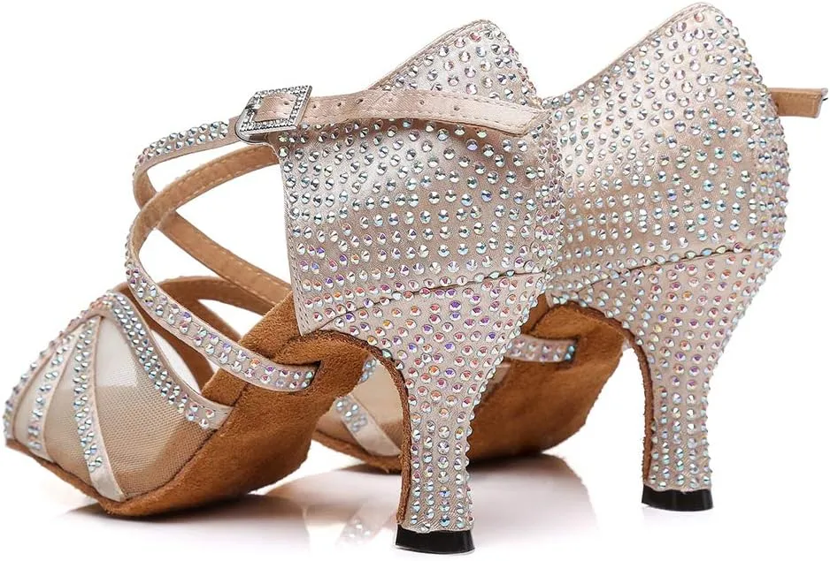 DKZSYIM Women Rhinestone Latin Ballroom Dance Shoes Bachata Salsa Practice Performance Dance Shoes,Model YCL424