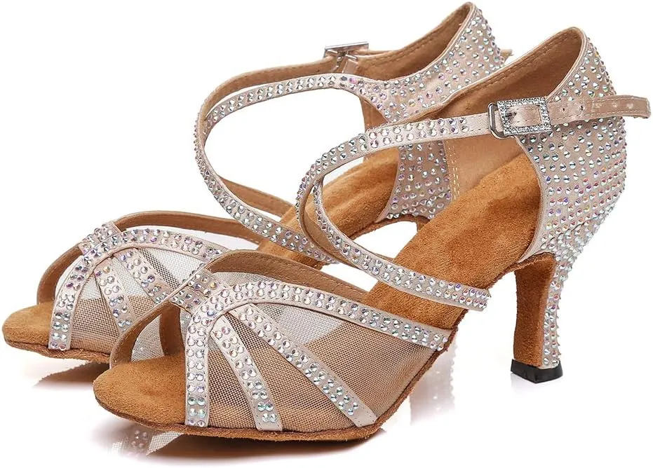 DKZSYIM Women Rhinestone Latin Ballroom Dance Shoes Bachata Salsa Practice Performance Dance Shoes,Model YCL424