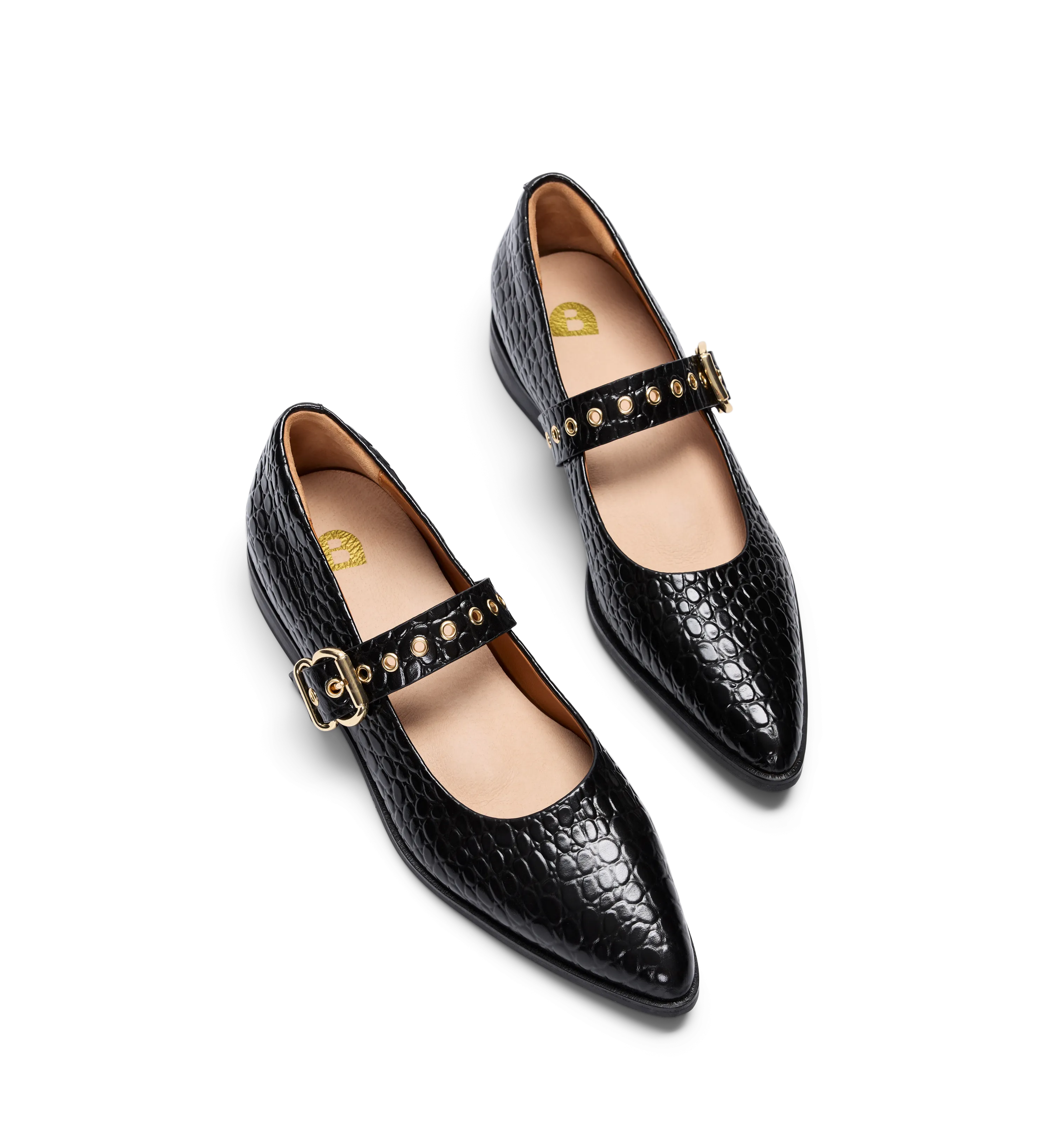 Dotterel Black Croc Emboss Leather Ballet Flats