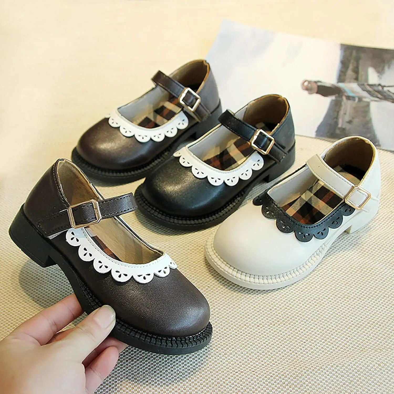 Girls Closed Toe Mary Jane School Uniform Shoes Toddler Flower Girl Dress Shoes Low Heels for Party Wedding