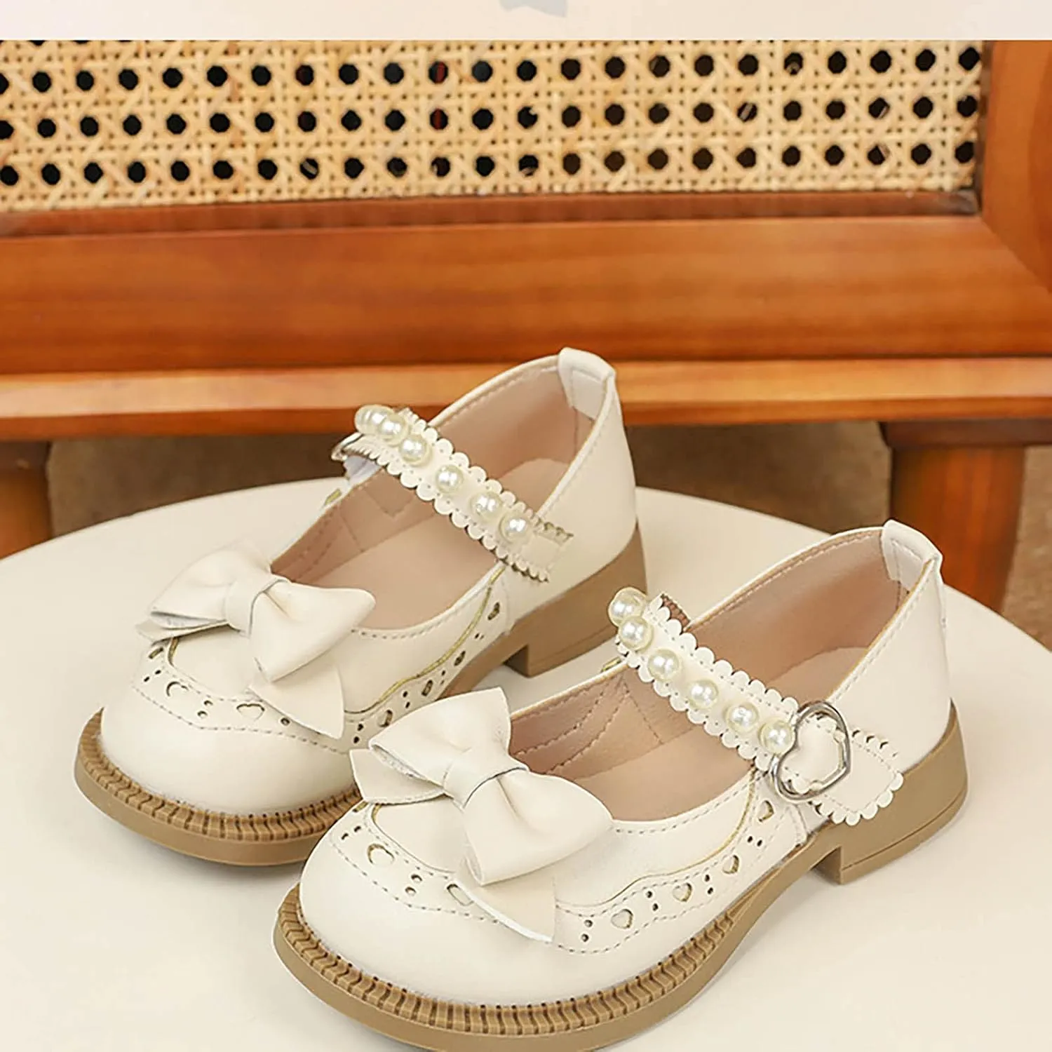 Girls Closed Toe Mary Jane School Uniform Shoes Toddler Flower Girl Dress Shoes Pearls Bow Low Heels for Party Wedding