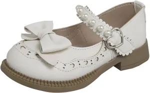 Girls Closed Toe Mary Jane School Uniform Shoes Toddler Flower Girl Dress Shoes Pearls Bow Low Heels for Party Wedding