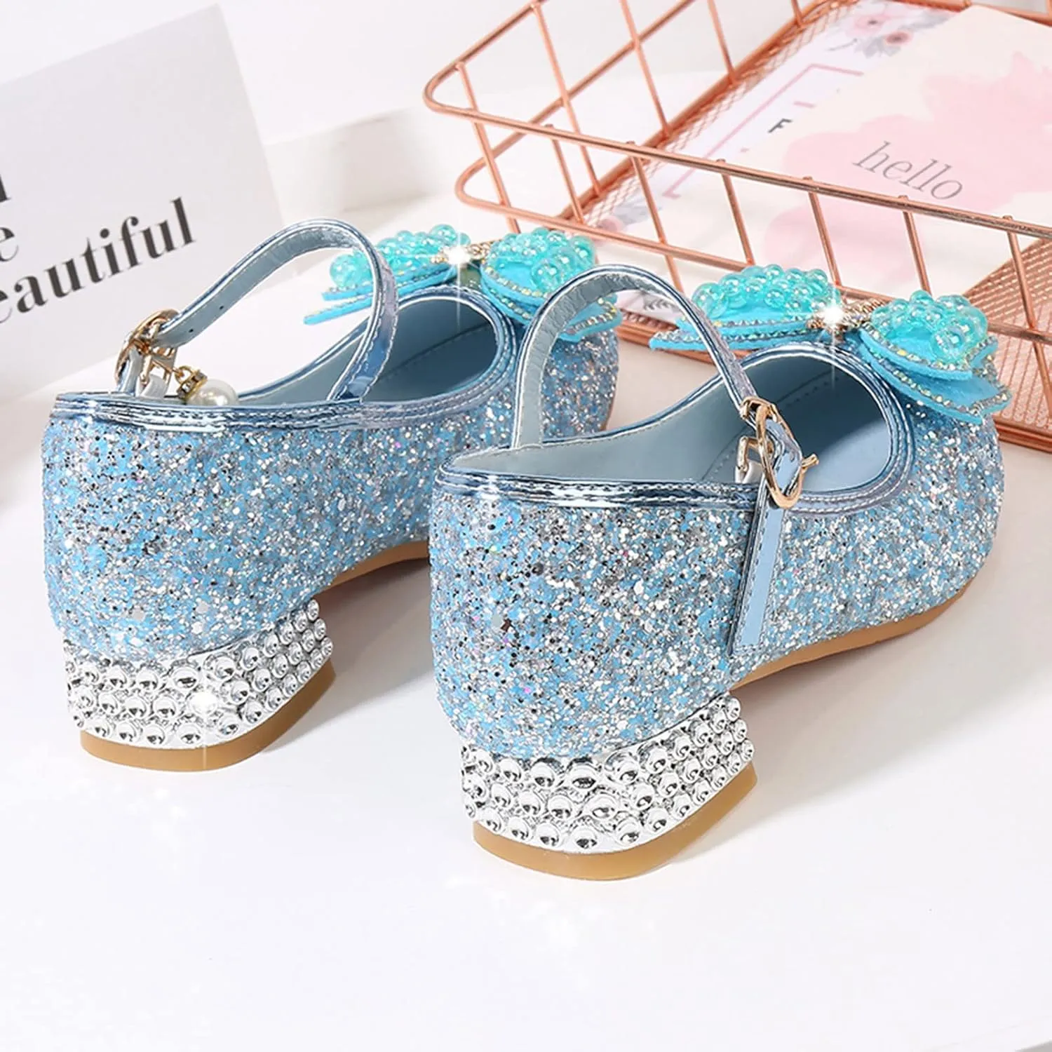Girls Heels, Mary Jane Glitter Shoes Bows Sequin Party Footwear Dress Shoes Flower Girls Shoes for Wedding Party