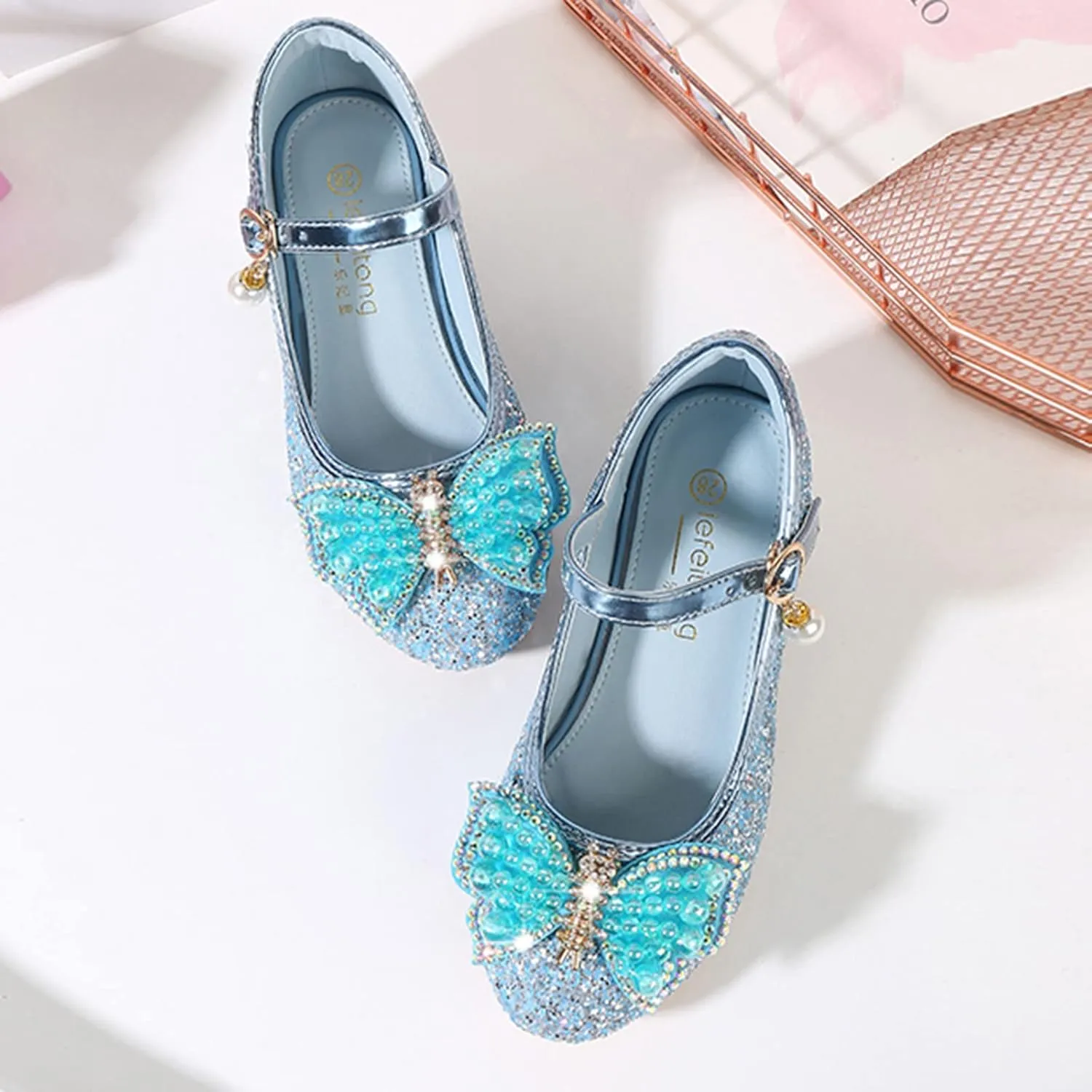 Girls Heels, Mary Jane Glitter Shoes Bows Sequin Party Footwear Dress Shoes Flower Girls Shoes for Wedding Party