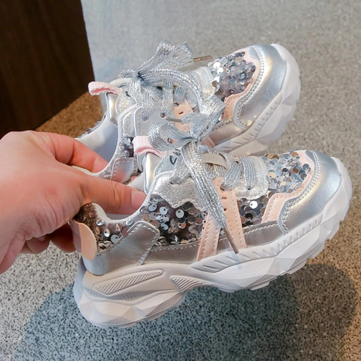 Girls Lightweight Sneakers Kids Lace-up Sequins Tennis Running Shoes, Breathable Gym Athletic Shoes for 7 Toddler Shoes
