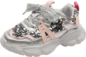 Girls Lightweight Sneakers Kids Lace-up Sequins Tennis Running Shoes, Breathable Gym Athletic Shoes for 7 Toddler Shoes