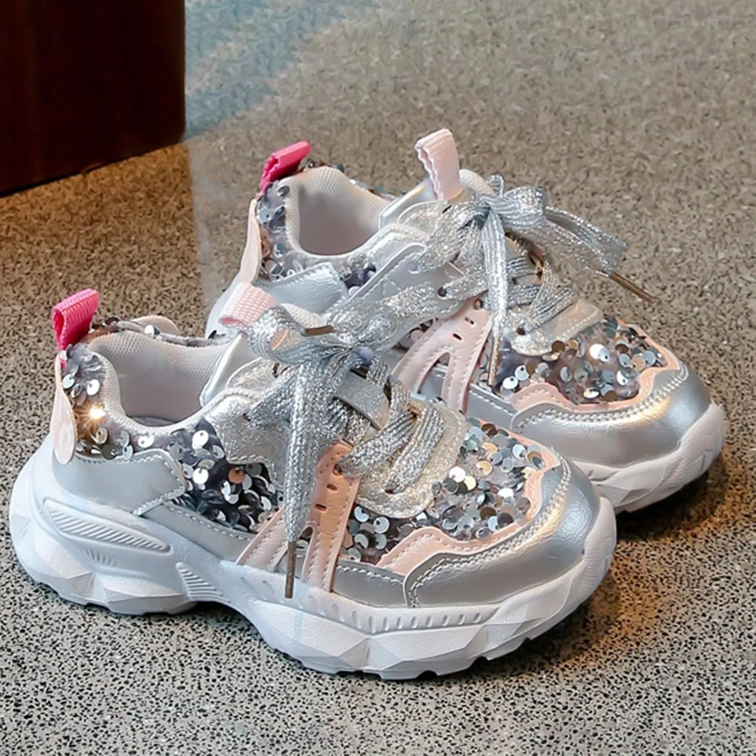 Girls Lightweight Sneakers Kids Lace-up Sequins Tennis Running Shoes, Breathable Gym Athletic Shoes for 7 Toddler Shoes