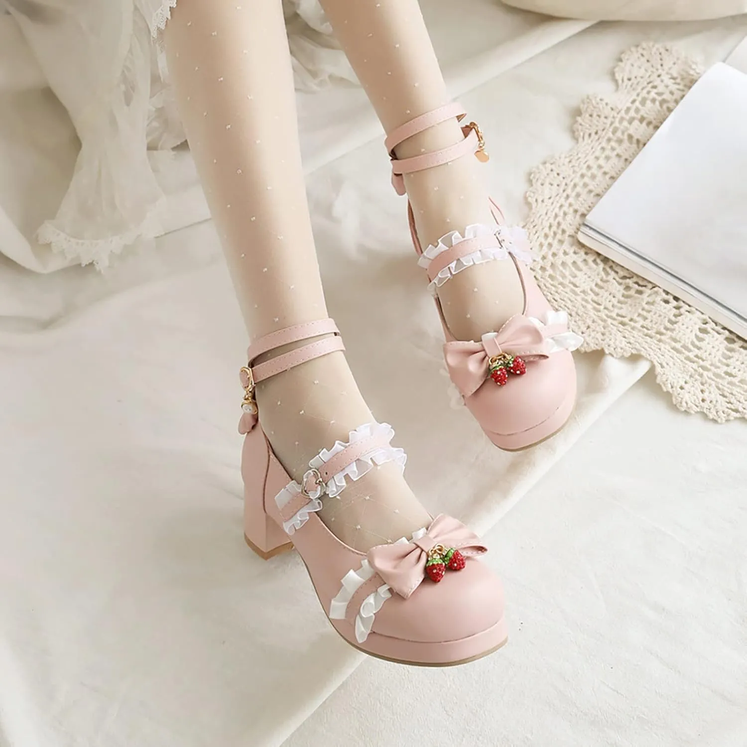 Girls Lolita Shoes Cute Bow Heels Mary Janes Shoes Dress Platform Strappy High Heels Kids Kawaii Shoes Leather Pumps