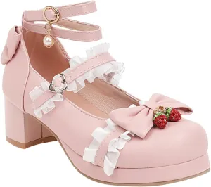 Girls Lolita Shoes Cute Bow Heels Mary Janes Shoes Dress Platform Strappy High Heels Kids Kawaii Shoes Leather Pumps