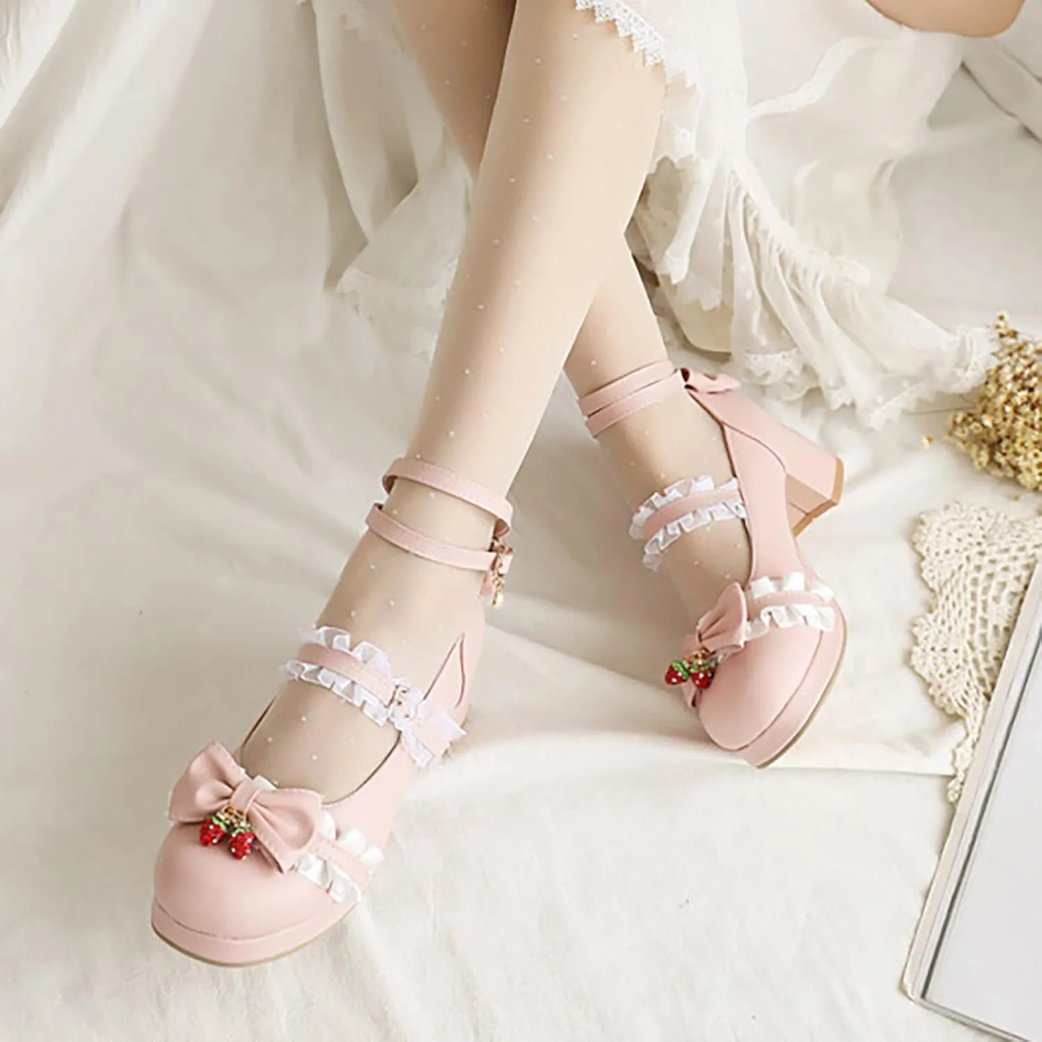 Girls Lolita Shoes Cute Bow Heels Mary Janes Shoes Dress Platform Strappy High Heels Kids Kawaii Shoes Leather Pumps