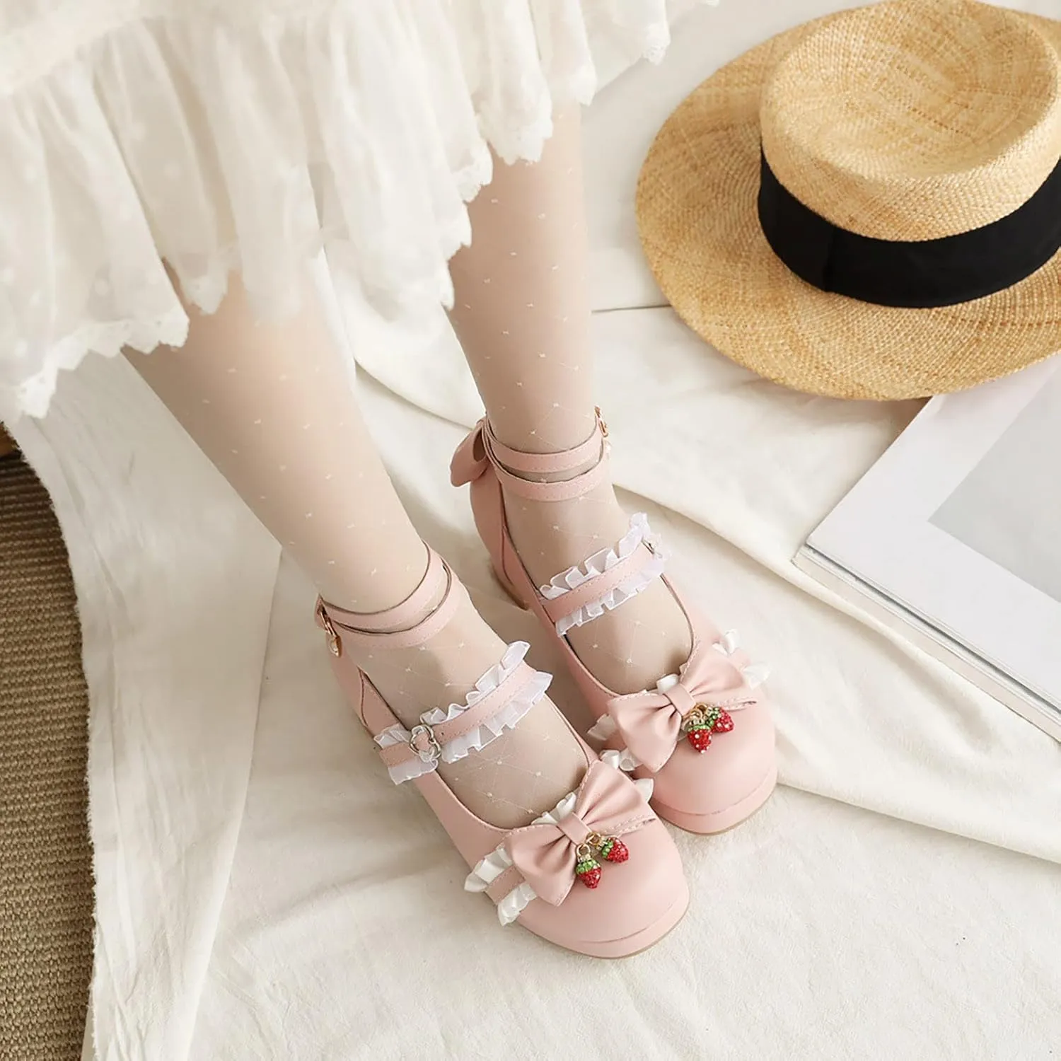 Girls Lolita Shoes Cute Bow Heels Mary Janes Shoes Dress Platform Strappy High Heels Kids Kawaii Shoes Leather Pumps